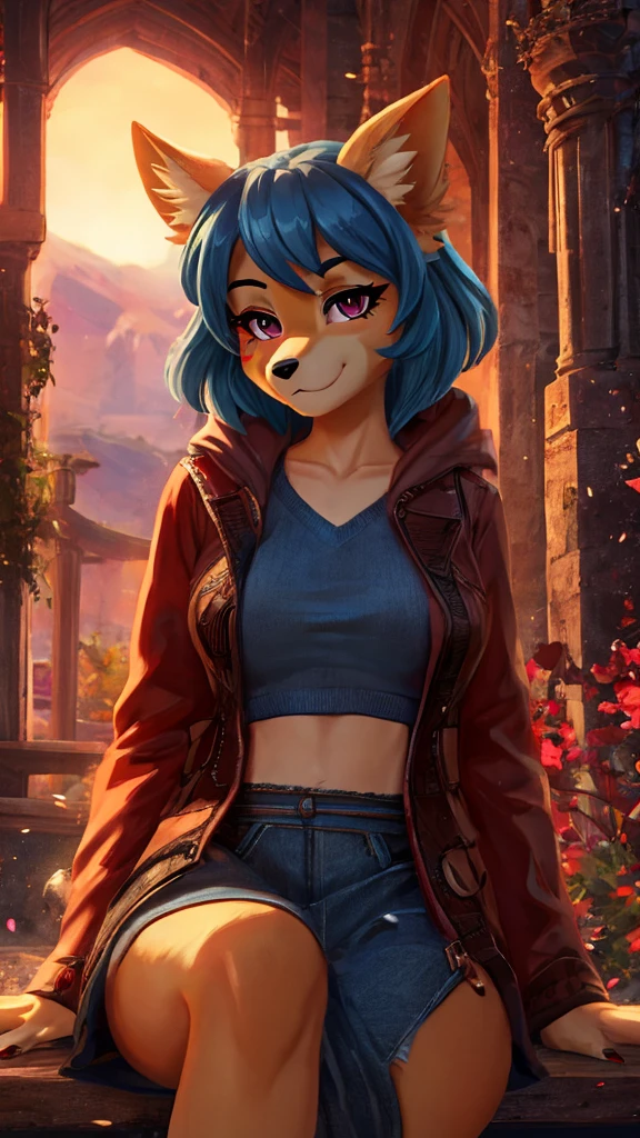 Skye from Paw Patrol, female cockapoo, anthro, mature adult, short orange and blue hair, magenta eyes, detailed, solo, beautiful, high quality, anime, 4K