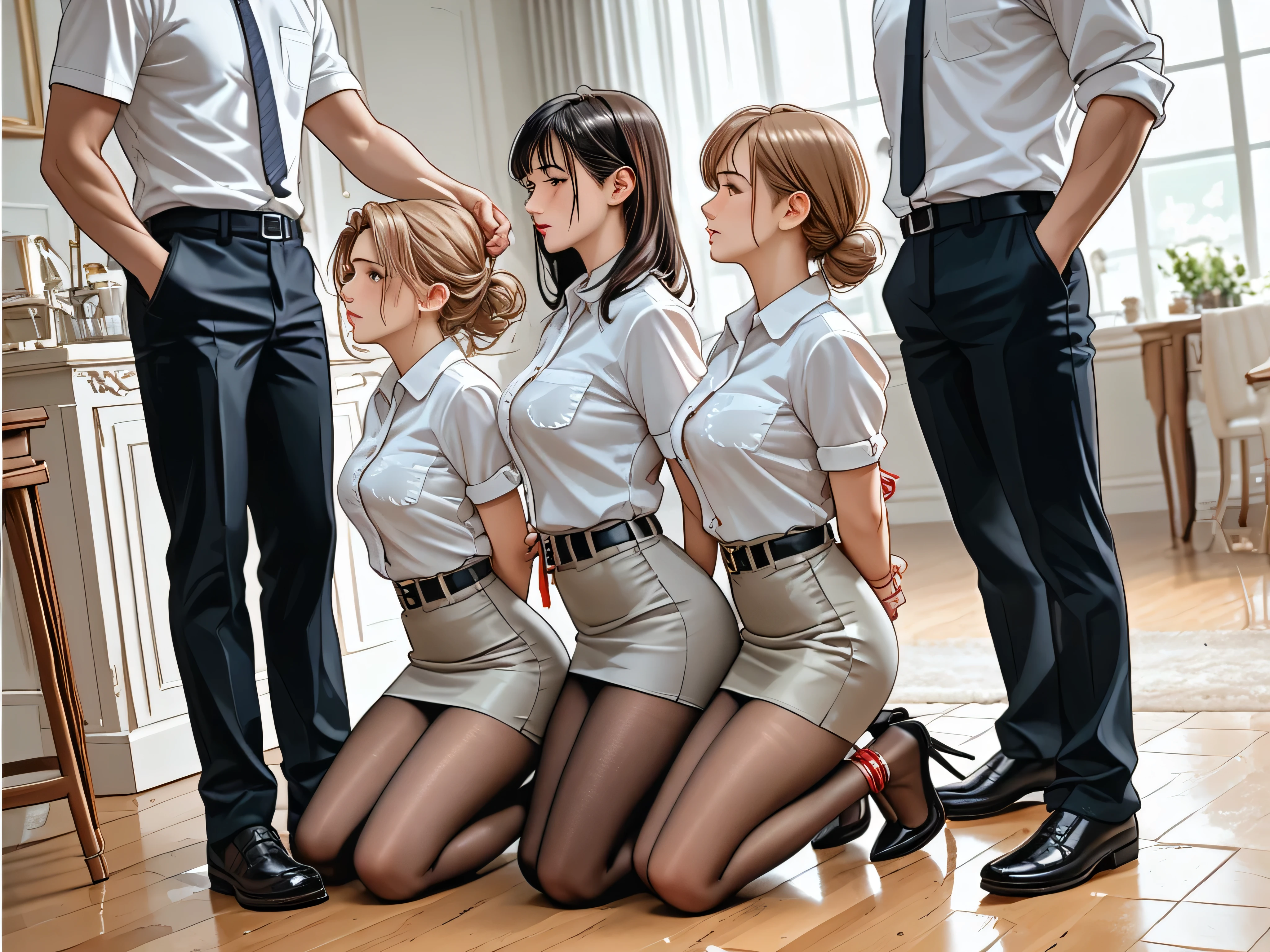 score_9, score_8_up, score_7_up, source_anime, 2boys, 4girls, boys are 18-21 years old, 1girl is 55 years old and is a curvy plus-size mature female with wide hips and fat belly, her arms behind back, she have bound arms, sher has tied ankles together, she is wearing a white formal shirt with collar and buttons and short sleeves, short light brown leather pencil skirt with belt, transparent light brown pantyhose, sexy brown shoes,
2girl is 35 years old, wears a black satin top and a grey short leather pencil skirt, light brown pantyhose, sexy black plateau high heels and her arms behind back, she have bound arms, sher has tied ankles together,
girls kneels lineup, girls kneels in a row, kneels in a livingroom
.
Begind girls stand the boys. Boys taken girls head with both hands. boys forced girls on knees, boys have gig bulge in pants. full body view, full side view, full angle view,
