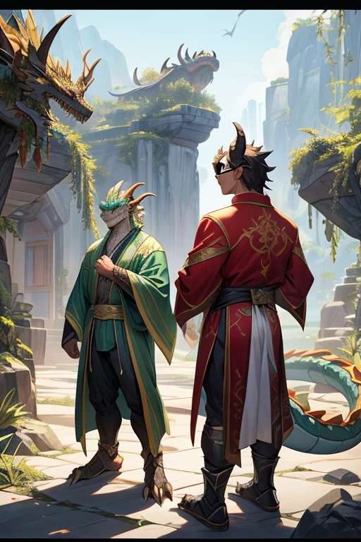 three green dragon with sunglasses and a white diaper are standing in a row, dragon-inspired cloth robes, as atlantean reptilian warriors, dragon - inspired suit, dragons, chinese dragon concept art, full body dragon concept, as an anthropomorphic dragon, ultraterrestrial dragons, by Adam Marczyński, dragon art, cgsociety 9