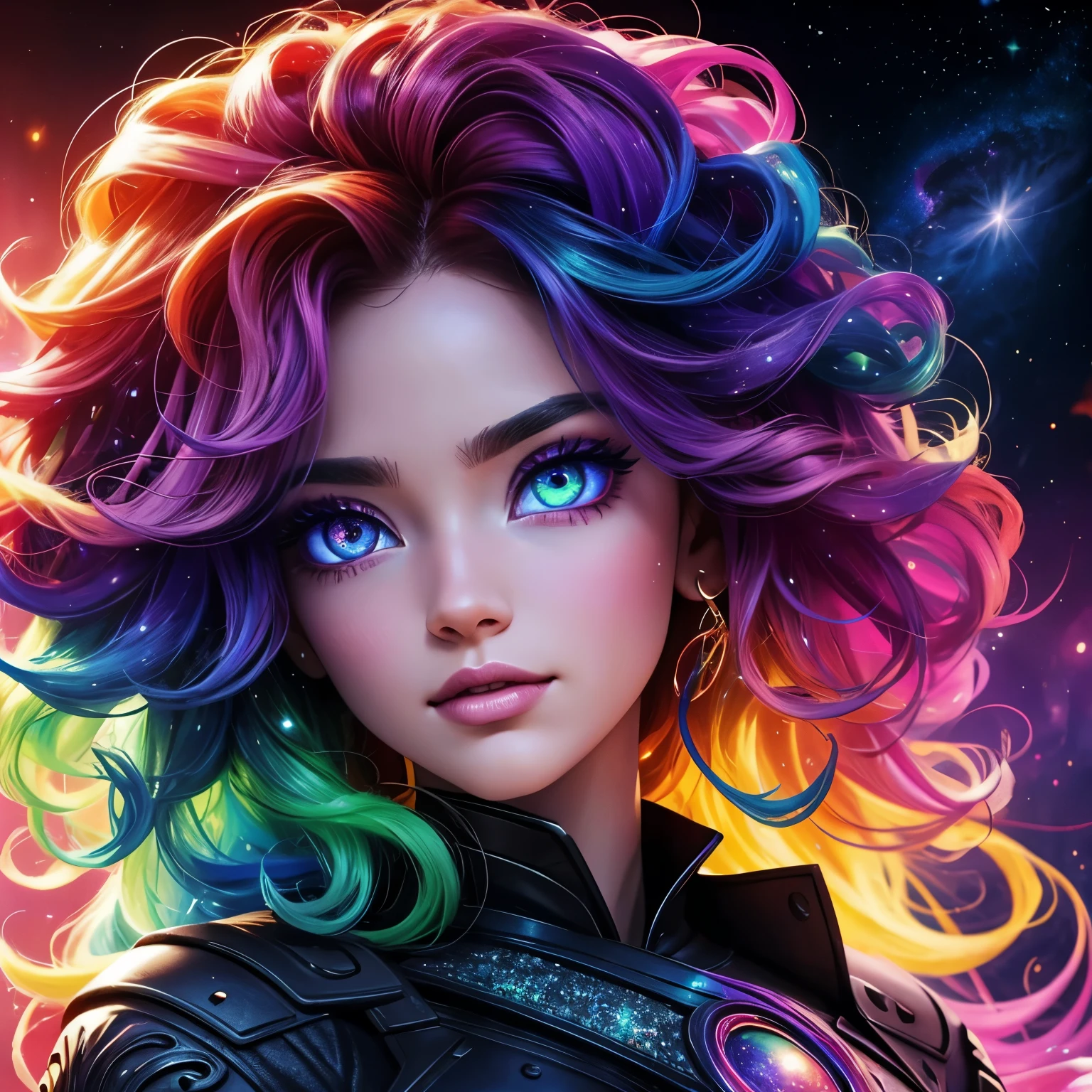 (This is a beautiful fantasy image that feels interesting.) Generate a pretty magical (((blind))) woman with colorful curly hair and detailed galaxy eyes. Her face is important should be perfectly formed with puffy lips and perfect features. (Her eyes are important and are shimmering and ((colorful)) with bright, glittering details.) Her clothing is colorful and has all the colors of the rainbow, giving the appearance of a rainbow. Utilize dynamic composition to create a compelling and interesting image that appeals to viewers. She has an unmarked face. Use dramatic lighting and cinematic lighting to enhance the overall quality of the image. Fantasy, cute, colorful, compelling, energetic, (smirking), ((colorful eyes)), (((galaxy eyes))), ((multi colors eyes)), (tri colors eyes), (tie dye eyes)
