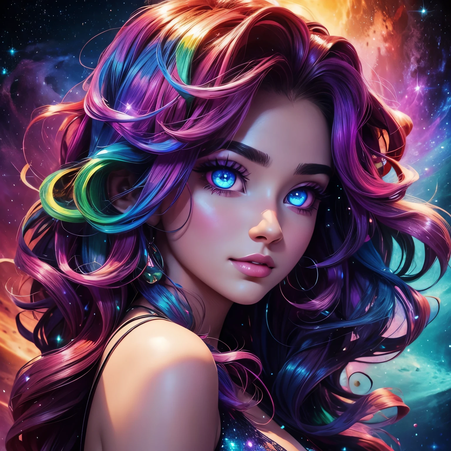 (This is a beautiful fantasy image that feels interesting.) Generate a pretty magical (((blind))) woman with colorful curly hair and detailed galaxy eyes. Her face is important should be perfectly formed with puffy lips and perfect features. (Her eyes are important and are shimmering and ((colorful)) with bright, glittering details.) Her clothing is colorful and has all the colors of the rainbow, giving the appearance of a rainbow. Utilize dynamic composition to create a compelling and interesting image that appeals to viewers. She has an unmarked face. Use dramatic lighting and cinematic lighting to enhance the overall quality of the image. Fantasy, cute, colorful, compelling, energetic, (smirking), ((colorful eyes)), (((galaxy eyes))), ((multi colors eyes)), (tri colors eyes), (tie dye eyes)
