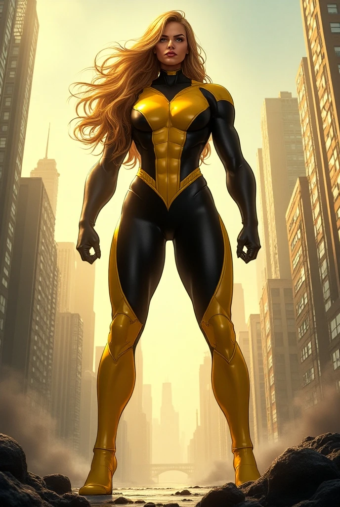 female, ((muscular)), ((superhero)), (big ass), ((black superhero suit with gold accents)), ((night)), ((rain)), ((city skyline))