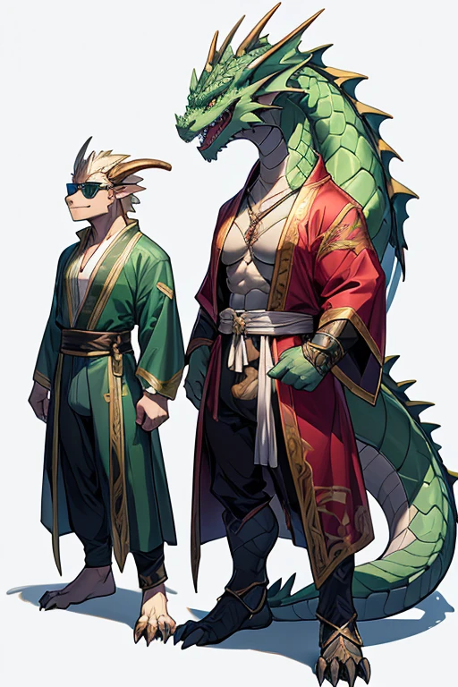 three green dragon with sunglasses and a white diaper are standing in a row, concept art by Adam Marczyński, cgsociety, digital art, dragon-inspired cloth robes, as atlantean reptilian warriors, dragon - inspired suit, dragons, chinese dragon concept art, full body dragon concept, as an anthropomorphic dragon