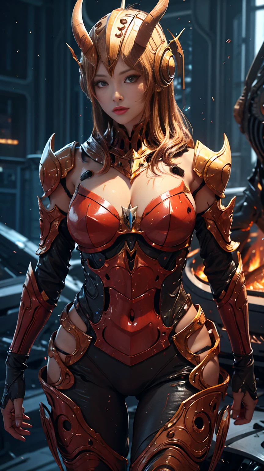 Alien armour, red skin, slime skin, portrait, epic, rim light, mechanized, full body [[huge perky breasts,slim waist , cleavage bulge, thick thighs, curvy figure]]