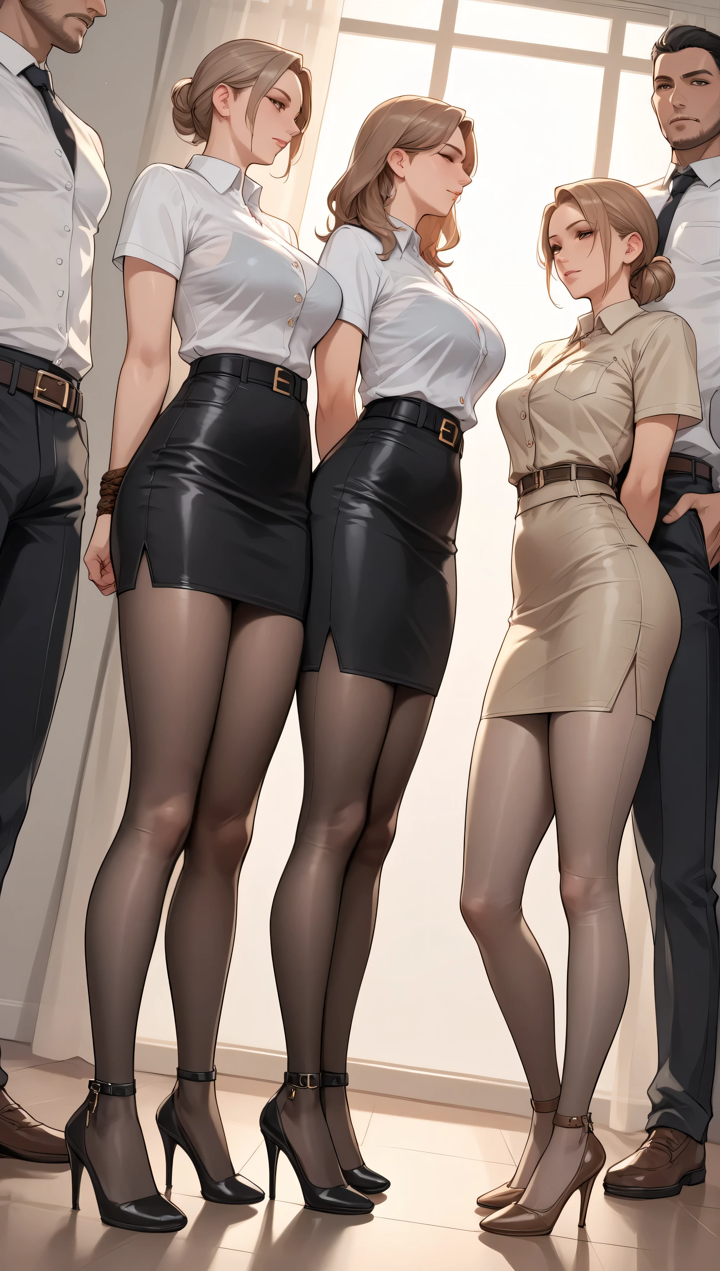 score_9, score_8_up, score_7_up, source_anime, 4boys, 2girls, boys are 18-21 years old, 1girl is 55 years old and is a curvy plus-size mature female with wide hips and fat belly, her arms behind back, she have bound arms, sher has tied ankles together, she is wearing a white formal shirt with collar and buttons and short sleeves, short light brown leather pencil skirt with belt, transparent light brown pantyhose, sexy brown shoes,
2girl is 35 years old, wears a black satin top and a grey short leather pencil skirt, light brown pantyhose, sexy black plateau high heels and her arms behind back, she have bound arms, sher has tied ankles together,
girls kneels lineup, girls kneels in a row, kneels in a livingroom
.
Begind girls stand the boys. Boys taken girls head with both hands. boys forced girls on knees, boys have gig bulge in pants. full body view, full side view, full angle view,