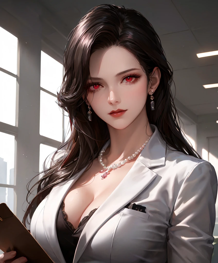 Realistic Portrait, Elegant mature woman (1 female), with red eyes, black hair, long hair, ruby amulet, focus on face, close up shot, cleavage, gothic black dress, only upper body, up to waist, soft light, high detail, 4k resolution, high quality, beautiful CG