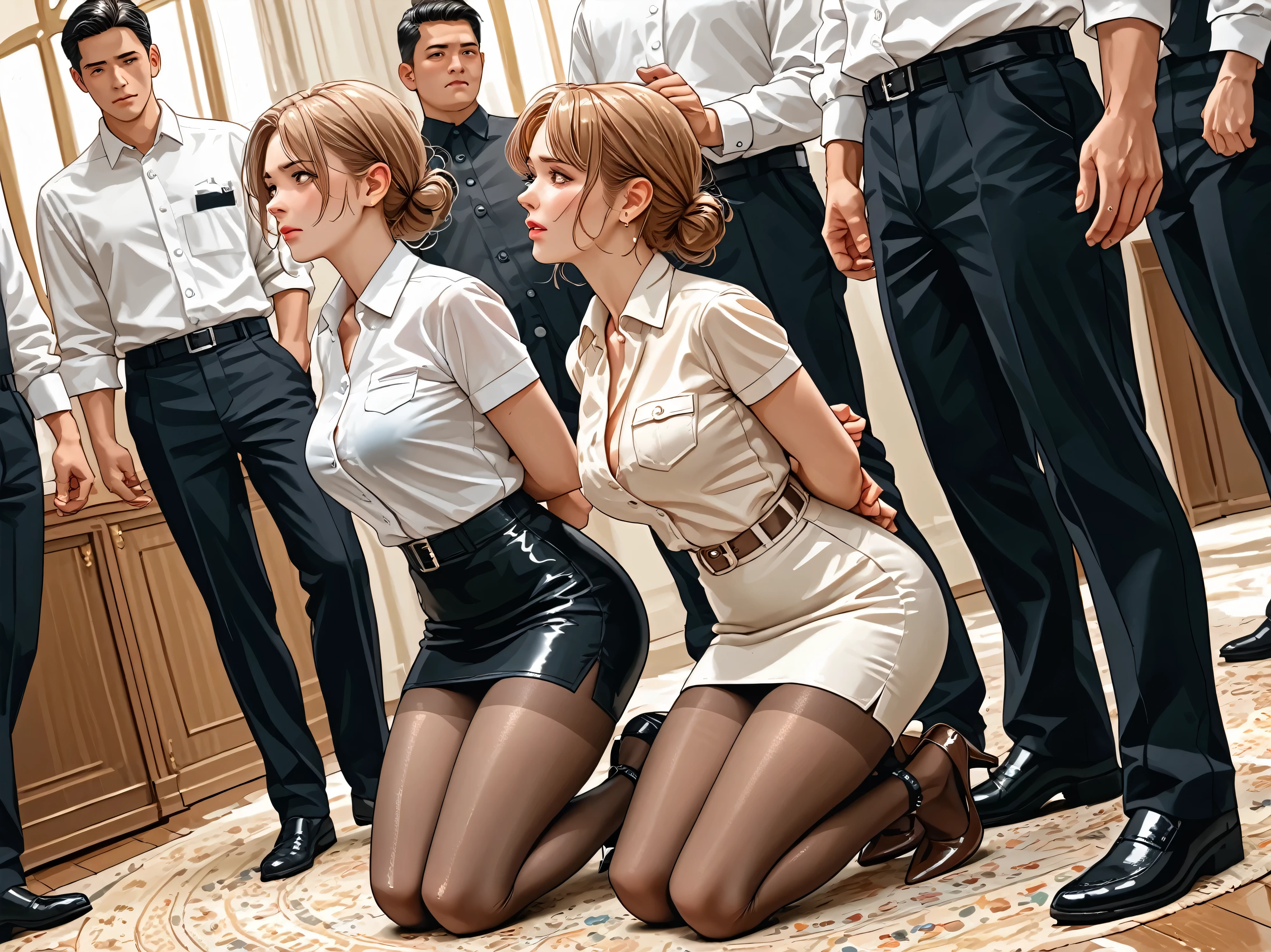 score_9, score_8_up, score_7_up, source_anime, 4boys, 2girls, boys are 18-21 years old, 1girl is 55 years old and is a curvy plus-size mature female with wide hips and fat belly, her arms behind back, she have bound arms, sher has tied ankles together, she is wearing a white formal shirt with collar and buttons and short sleeves, short light brown leather pencil skirt with belt, transparent light brown pantyhose, sexy brown shoes,
2girl is 35 years old, wears a black satin top and a grey short leather pencil skirt, light brown pantyhose, sexy black plateau high heels and her arms behind back, she have bound arms, sher has tied ankles together,
girls kneels lineup, girls kneels in a row, kneels in a livingroom
.
Begind girls stand the boys. Boys taken girls head with both hands. boys forced girls on knees, boys have gig bulge in pants. full body view, full side view, full angle view,
