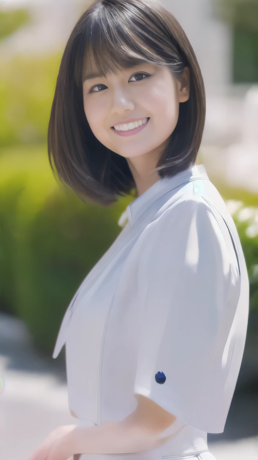 masterpiece,(8k, RAW Photos,  best quality , masterpiece:1.2), (Realistic, photo-Realistic:1.4), ( Extremely Detailed 8K Wallpaper ),  sharp concentration ,  depth of field, Blurred Background, Bokeh,Do not split,face,( Japanese women),High school girl, short hair,( well-balanced figure :1.5),( white shirt 、dark blue leather: 1.5),The whole body was photographed,Full Body