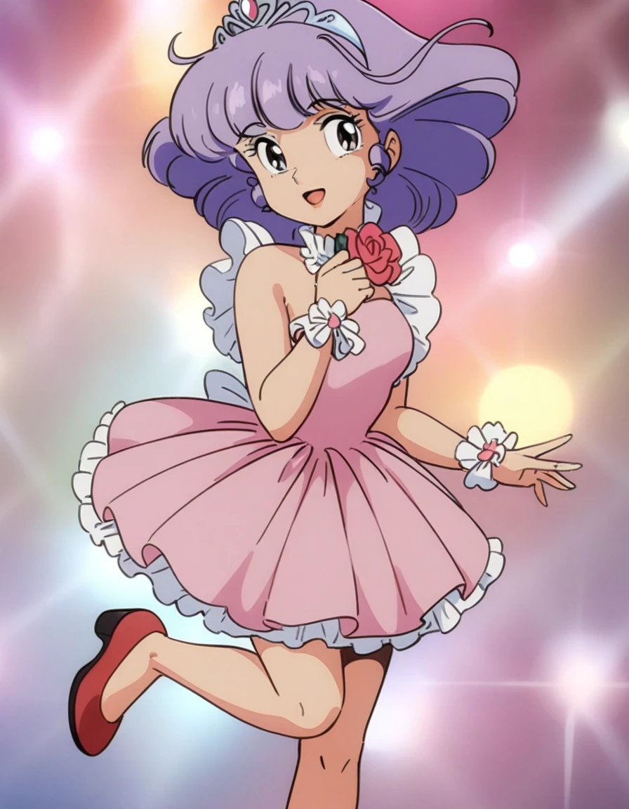 masterpiece, best quality, very aesthetic, absurdres,retro artstyle,1980s \(style\),1girl, solo,purple hair,dress, pink dress,sleeveless, bare shoulders,wrist corsage,ribbon,frills,red footwear,tiara,open mouth,smile,looking at viewer,smile, 