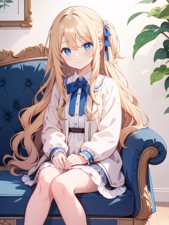  1 GIRL WITH HIM, long wavy blonde hair sitting on an English-style sofa、eye, best quality ,  is so cute, Absurd,eye, charming,Adorable,Simple, portrait,Blue Eyes,
