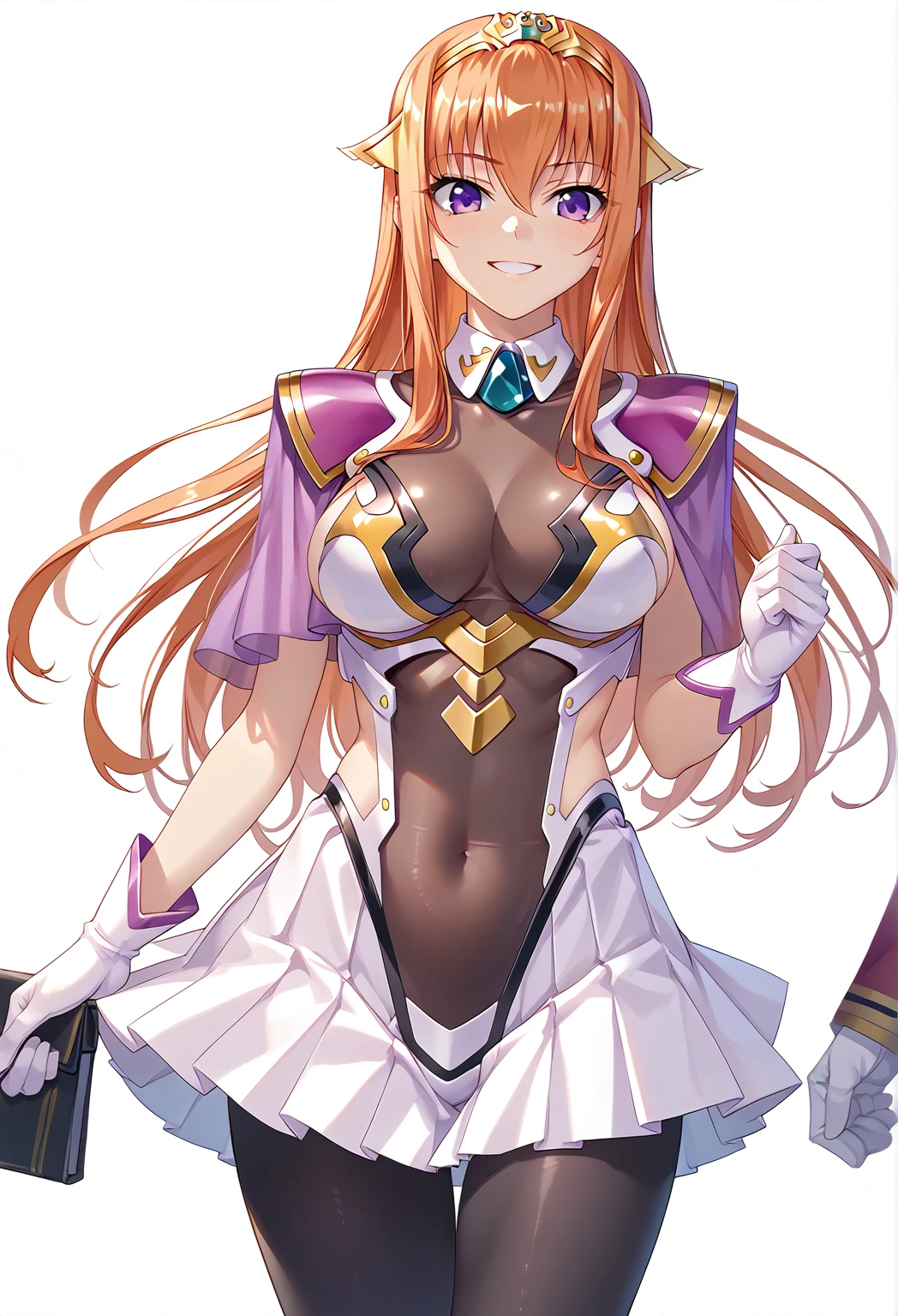 score_9, score_8_up, score_7_up, score_6_up, uncensored, rating_safe, BREAK,Maya Cordelia, cowboy shot,  solo focus, hands,1girl, solo, smile,
orange hair, long hair, sidelocks, purple eyes, tiara,capelet, white bra, detached collar, bodystocking, white gloves, pleated skirt, (black pantyhose:1.1),large breasts, thighs, transparent background,