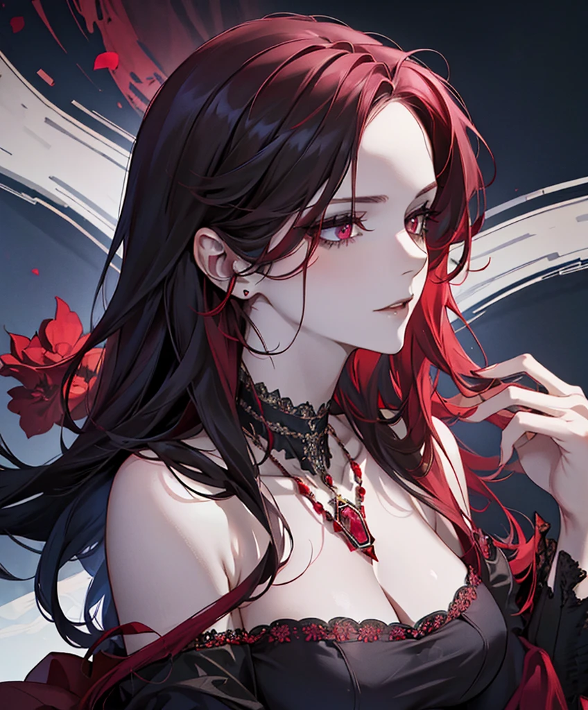 Realistic Portrait, Elegant mature woman (1 female), with red eyes, black hair, long hair, ruby amulet, focus on face, close up shot, cleavage, gothic black dress, only upper body, up to waist, soft light, high detail, 4k resolution, high quality, beautiful CG