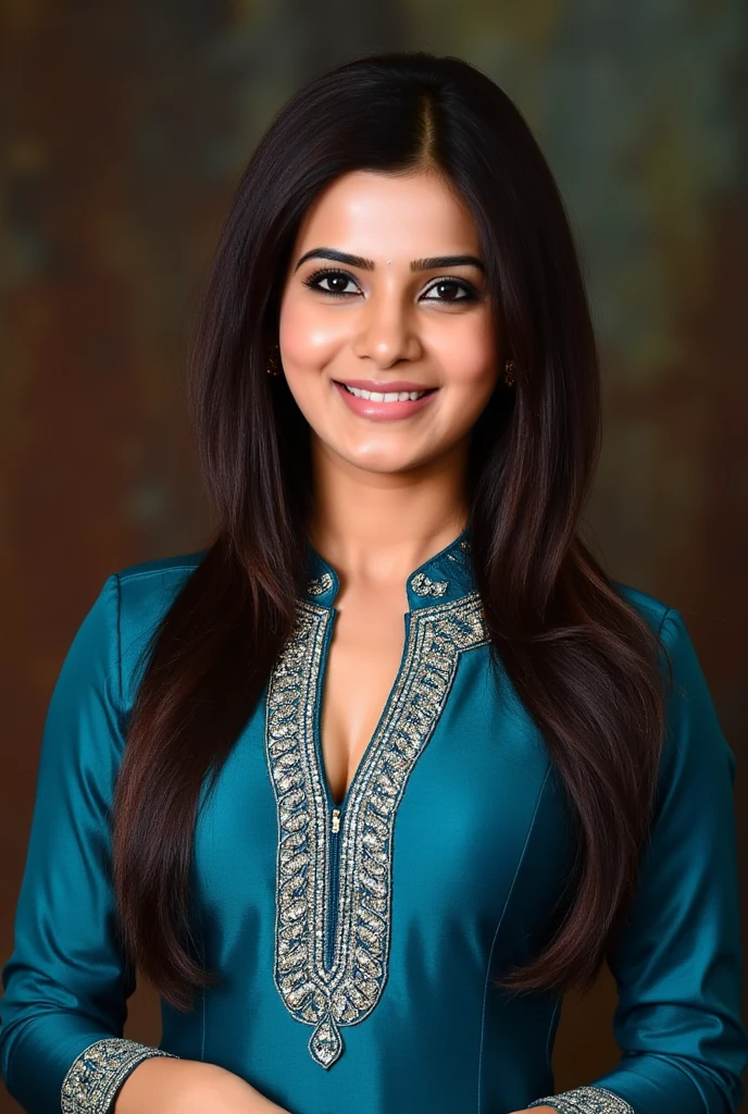 headshot photo samantha ruth prabhu woman,paparazzi photo, smiling face,studio quality, wearing intricate high neck elegant Sapphire  Pants_kurta, straight hair, darker pastel shaded multicolored background