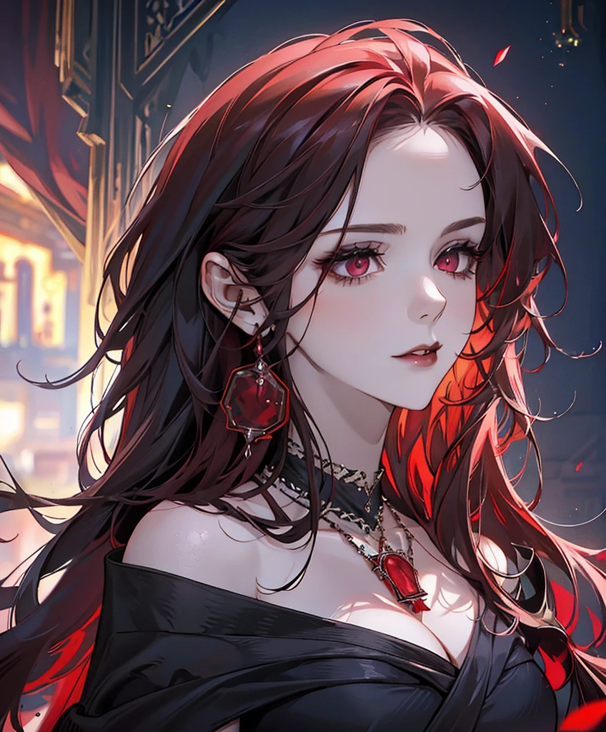 Realistic Portrait, Elegant mature woman (1 female), with red eyes, black hair, long hair, ruby amulet, focus on face, close up shot, cleavage, gothic black dress, only upper body, up to waist, soft light, high detail, 4k resolution, high quality, beautiful CG