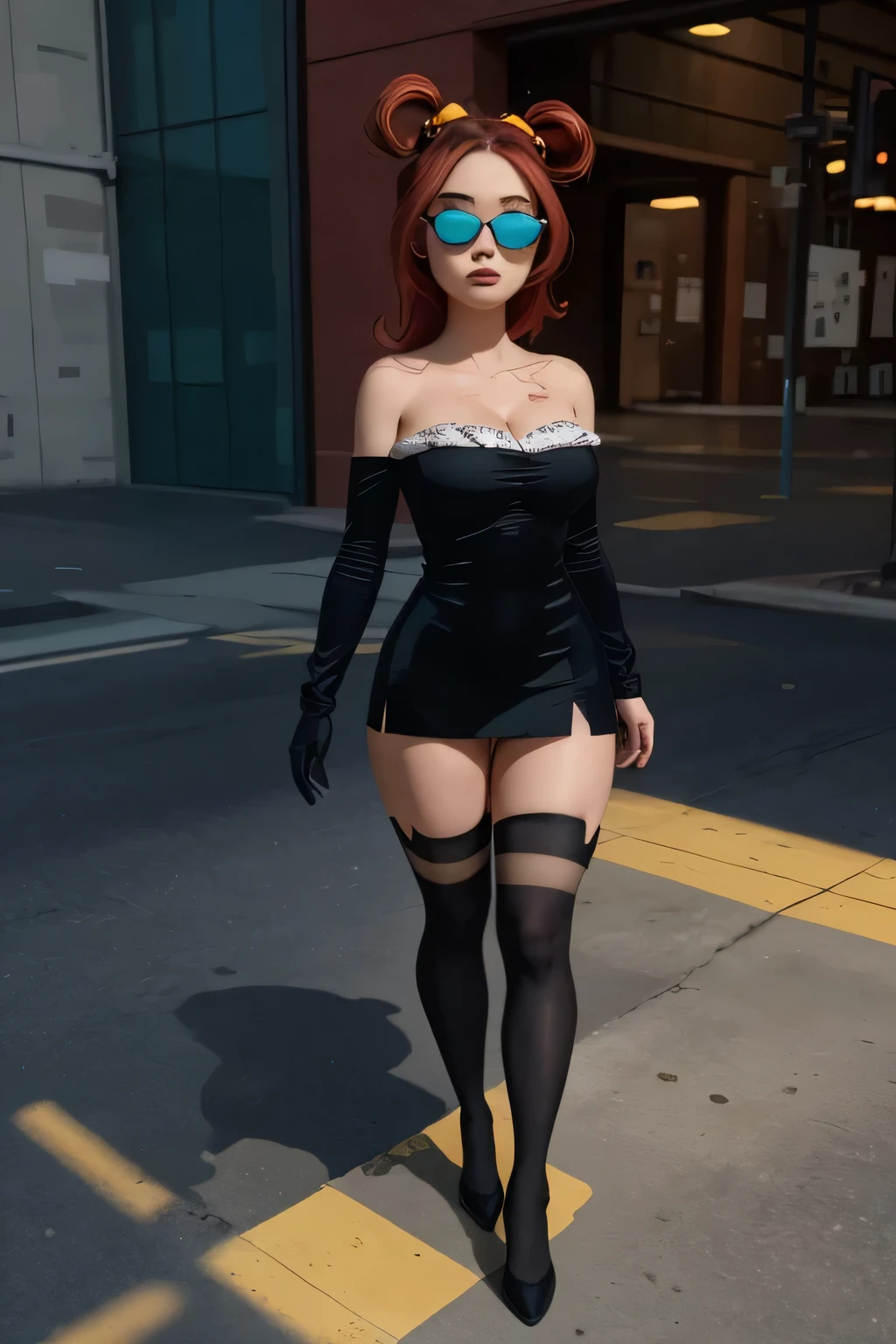 ((masterpiece, best quality)), (8k, best quality), (((best quality))), 1girl, solo, anime style, highly detailed and realistic, good anatomy, photorealistic rendering, a young woman with red pigtails and blue eyes, wearing an unbuttoned red jacket over a black dress, black gloves, and black thigh-high socks. Sunglasses rest on her head. Subtle movement in her hair and jacket, as if a gentle breeze passes by. She stands confidently on a concrete surface with soft shadows, creating a realistic urban setting. The background is simple and indoors with neutral colors. Emphasis on her stylish and modern look, capturing her confident posture, natural proportions, and intricate attire and accessories. Ultra high resolution, perfect anatomy, contemporary style, award-winning illustration, dramatic lighting, hyper-detailed clothing folds, vibrant colors, subtle shadows, score_9, score_8_up, score_7_up, score_6_up, score_5_up, score_4_up, (anime_source), A highly detailed and realistic 3D model of a young woman standing confidently in front of an orange wall. She has red hair styled in pigtails and blue eyes. She is wearing an unbuttoned red jacket over a black dress, black gloves, and black thigh-high socks. She has a pair of sunglasses resting on her head. The model should include subtle movement in her hair and the fabric of her jacket, as if a gentle breeze were passing by. The scene is set on a concrete surface with shadows cast on the ground, providing a realistic urban setting. The background should be simple and indoors with neutral colors. The model should be photorealistic and highly detailed, showing the character's stylish and modern look. Make sure the model captures her confident posture and natural proportions, with special attention to detailed attire and accessories, breasts supported by clothing, cleavage, collarbone, medium huge breasts, strapless, 