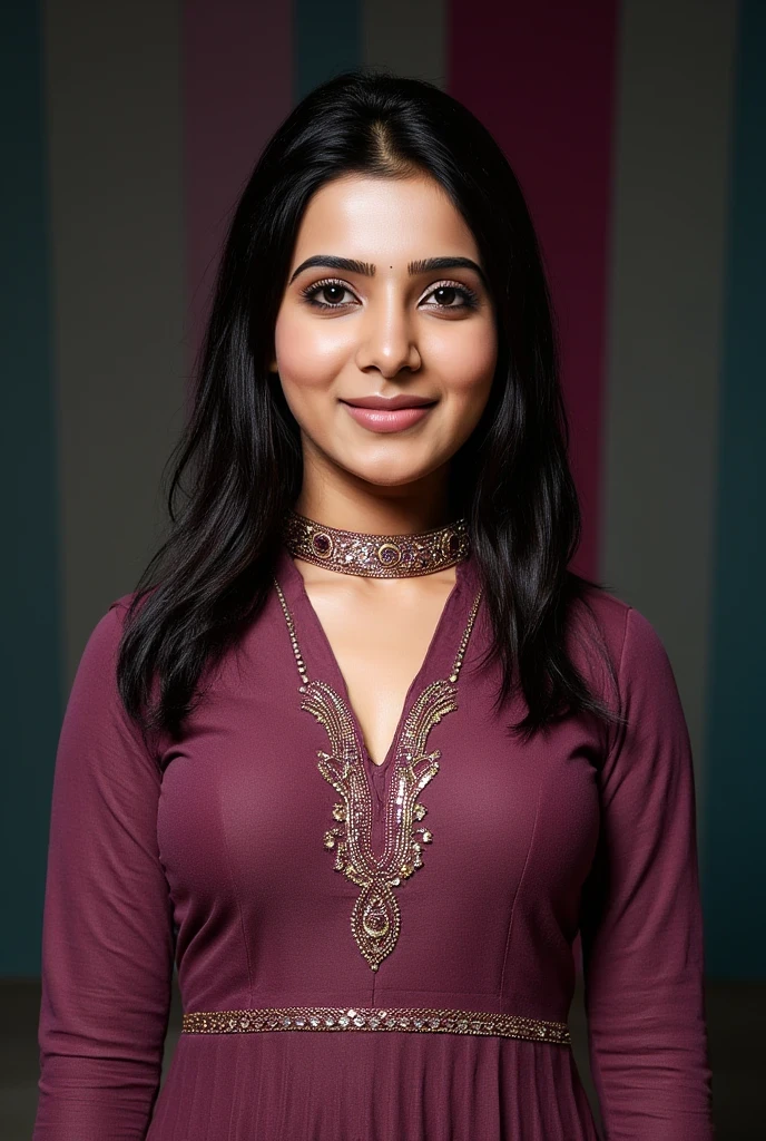 headshot photo samantha ruth prabhu woman,paparazzi photo, smiling face,studio quality, wearing intricate high neck elegant Sapphire  Pants_kurta, straight hair, darker pastel shaded multicolored background