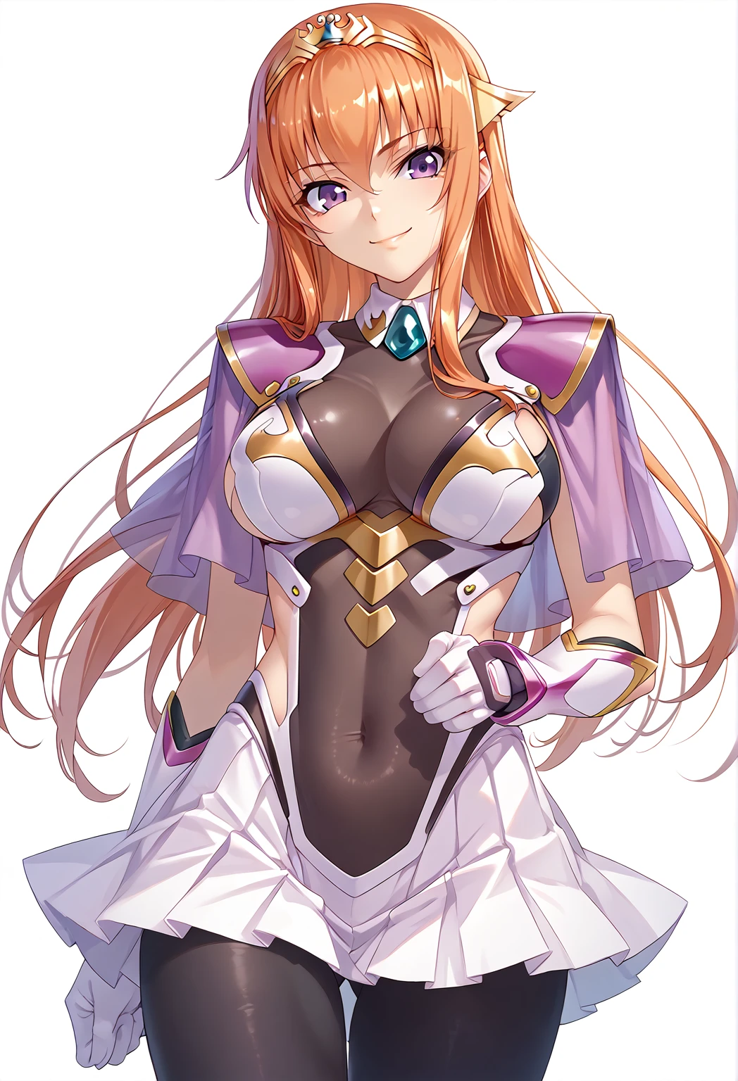 score_9, score_8_up, score_7_up, score_6_up, uncensored, rating_safe, BREAK,Maya Cordelia, cowboy shot,  solo focus, hands,1girl, solo, smile,
orange hair, long hair, sidelocks, purple eyes, tiara,capelet, white bra, detached collar, bodystocking, white gloves, pleated skirt, (black pantyhose:1.1),large breasts, thighs, transparent background,