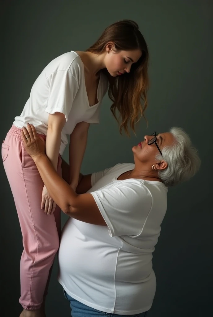 Create a photo of a 30 year old woman, with a slender and beautiful body, wearing a white shirt, braless with bare breasts and wearing a short plaid skirt, with white and clear skin, with long light brown hair wearing prescription glasses, while being lifted high by the waist with her legs in the air by an elderly woman, 90 years old, with dark black skin, did, obese, lowrise, who is wearing a white shirt and jeans.