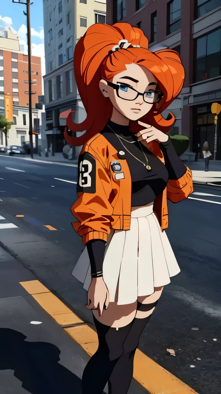  A very detailed and realistic 3D model of a young woman standing confidently in front of an orange wall..  She has red hair styled in pigtails and blue eyes ..  She wears a red jacket over a black dress .,  black gloves,  and white thigh-high socks .  She has a pair of sunglasses resting on her head ..  model must include a subtle movement in its hair and the fabric of your jacket ., as if a gentle breeze passed .  The scene is set on a concrete surface with shadows cast on the floor .,  Providing a realistic urban environment .  The background should be simple and in interiors with neutral colors ..  The model must be photorealistic and very detailed .,  showing the elegant and modern look of the character ..  Make sure that the model captures your confident posture and natural proportions .,  With special attention to the detail of the outfit and accessories ..