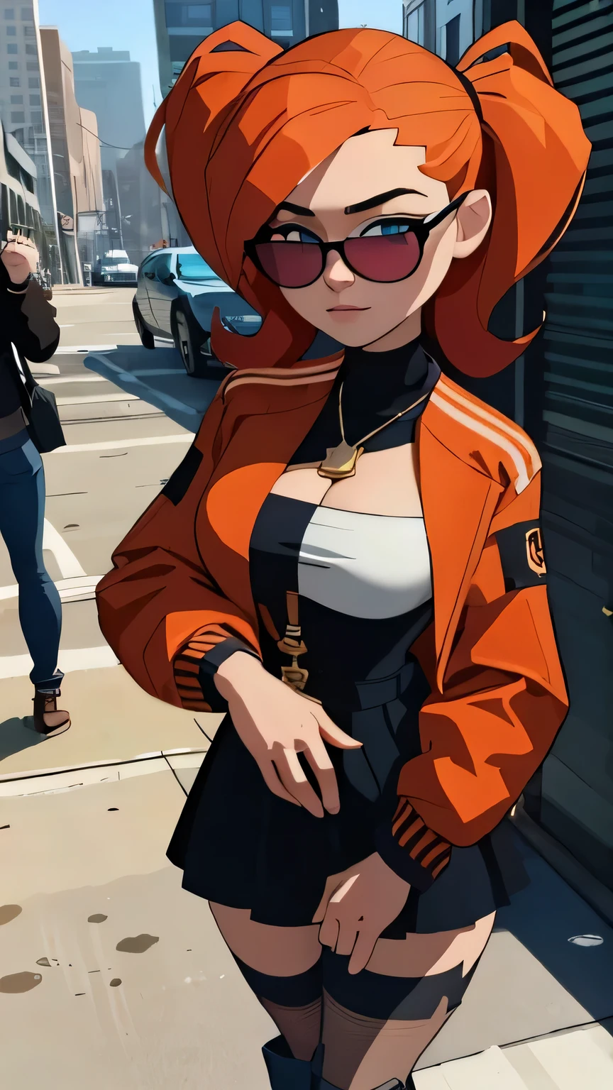  A very detailed and realistic 3D model of a young woman standing confidently in front of an orange wall..  She has red hair styled in pigtails and blue eyes ..  She wears a red jacket over a black dress .,  black gloves,  and white thigh-high socks .  She has a pair of sunglasses resting on her head ..  model must include a subtle movement in its hair and the fabric of your jacket ., as if a gentle breeze passed .  The scene is set on a concrete surface with shadows cast on the floor .,  Providing a realistic urban environment .  The background should be simple and in interiors with neutral colors ..  The model must be photorealistic and very detailed .,  showing the elegant and modern look of the character ..  Make sure that the model captures your confident posture and natural proportions .,  With special attention to the detail of the outfit and accessories ..