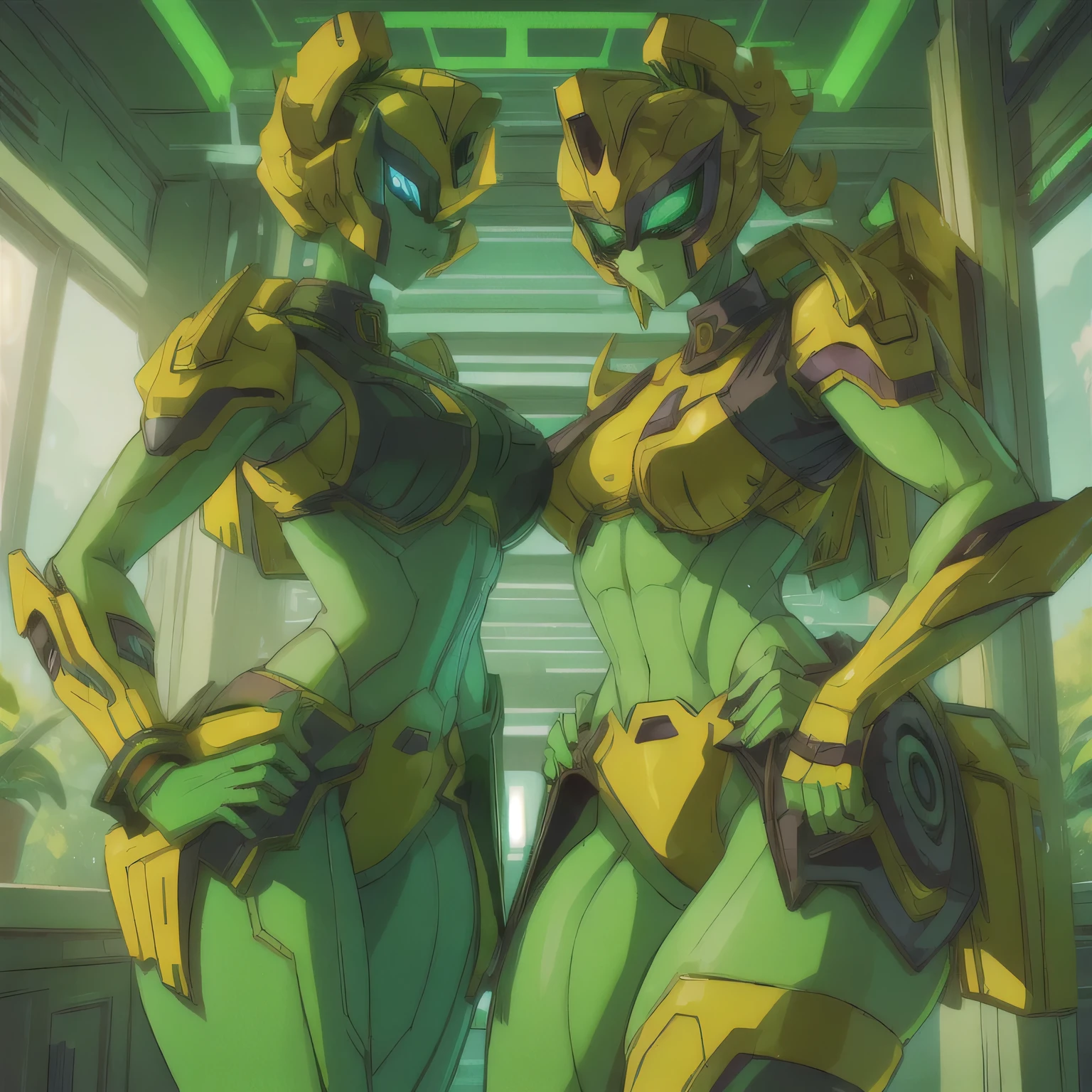 one transformer, visor eye ,  mask that covers the mouth、green and yelow twin tails female beast transformer,  sexy