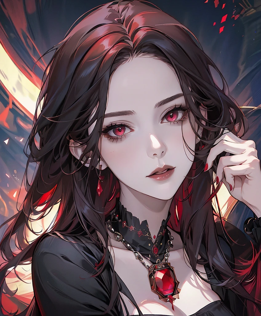 Realistic Portrait, Elegant mature woman (1 female), with red eyes, black hair, long hair, ruby amulet, focus on face, close up shot, cleavage, gothic black dress, only upper body, up to waist, soft light, high detail, 4k resolution, high quality, beautiful CG