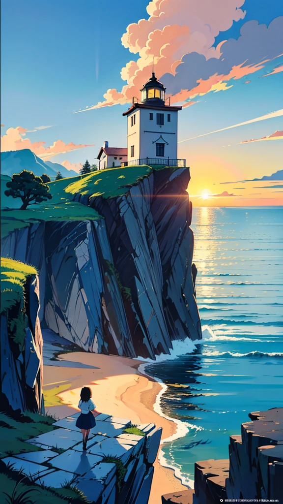 A lighthouse on a rocky cliff overlooking the ocean at sunset. The lighthouse is made of stone and has a pointed roof with a small chimney on top. The sky is a beautiful orange and yellow color, with the sun setting in the background. The ocean is calm and the waves are gently lapping against the shore. The cliff is covered in greenery and there is a small bridge leading up to the lighthouse. The overall mood of the image is peaceful and serene. In the style of Hayao Miyazaki, Hiroshi Nagai, Hergé and Studio Ghibli. High resolution, high cartoonish high intricate, ultra detailed, high quality, high sharpness, high contrast, high definition