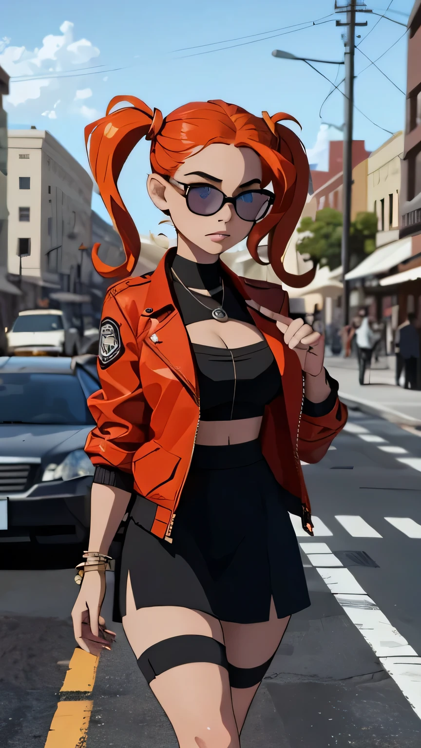  A very detailed and realistic 3D model of a young woman standing confidently in front of an orange wall..  She has red hair styled in pigtails and blue eyes ..  She wears a red jacket over a black dress .,  black gloves,  and white thigh-high socks .  She has a pair of sunglasses resting on her head ..  model must include a subtle movement in its hair and the fabric of your jacket ., as if a gentle breeze passed .  The scene is set on a concrete surface with shadows cast on the floor .,  Providing a realistic urban environment .  The background should be simple and in interiors with neutral colors ..  The model must be photorealistic and very detailed .,  showing the elegant and modern look of the character ..  Make sure that the model captures your confident posture and natural proportions .,  With special attention to the detail of the outfit and accessories ..