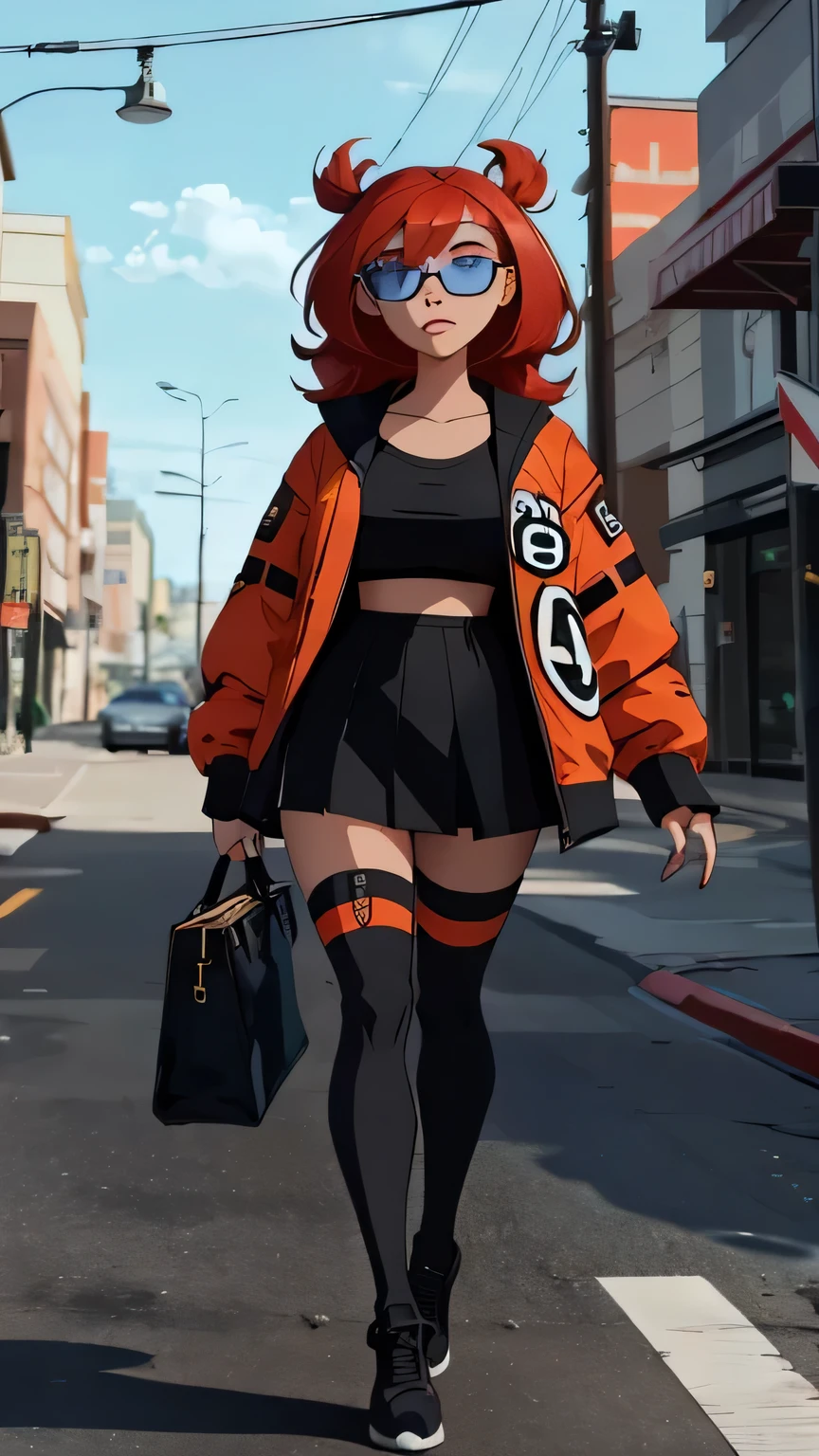  A very detailed and realistic 3D model of a young woman standing confidently in front of an orange wall..  She has red hair styled in pigtails and blue eyes ..  She wears a red jacket over a black dress .,  black gloves,  and white thigh-high socks .  She has a pair of sunglasses resting on her head ..  model must include a subtle movement in its hair and the fabric of your jacket ., as if a gentle breeze passed .  The scene is set on a concrete surface with shadows cast on the floor .,  Providing a realistic urban environment .  The background should be simple and in interiors with neutral colors ..  The model must be photorealistic and very detailed .,  showing the elegant and modern look of the character ..  Make sure that the model captures your confident posture and natural proportions .,  With special attention to the detail of the outfit and accessories ..