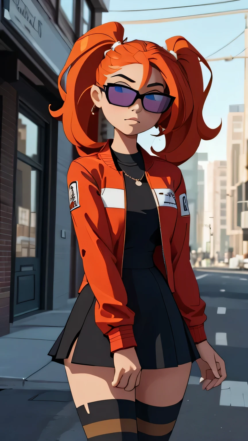  A very detailed and realistic 3D model of a young woman standing confidently in front of an orange wall..  She has red hair styled in pigtails and blue eyes ..  She wears a red jacket over a black dress .,  black gloves,  and white thigh-high socks .  She has a pair of sunglasses resting on her head ..  model must include a subtle movement in its hair and the fabric of your jacket ., as if a gentle breeze passed .  The scene is set on a concrete surface with shadows cast on the floor .,  Providing a realistic urban environment .  The background should be simple and in interiors with neutral colors ..  The model must be photorealistic and very detailed .,  showing the elegant and modern look of the character ..  Make sure that the model captures your confident posture and natural proportions .,  With special attention to the detail of the outfit and accessories ..