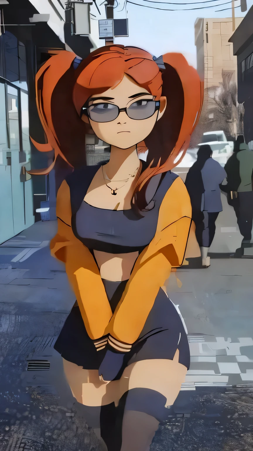  A very detailed and realistic 3D model of a young woman standing confidently in front of an orange wall..  She has red hair styled in pigtails and blue eyes ..  She wears a red jacket over a black dress .,  black gloves,  and white thigh-high socks .  She has a pair of sunglasses resting on her head ..  model must include a subtle movement in its hair and the fabric of your jacket ., as if a gentle breeze passed .  The scene is set on a concrete surface with shadows cast on the floor .,  Providing a realistic urban environment .  The background should be simple and in interiors with neutral colors ..  The model must be photorealistic and very detailed .,  showing the elegant and modern look of the character ..  Make sure that the model captures your confident posture and natural proportions .,  With special attention to the detail of the outfit and accessories ..