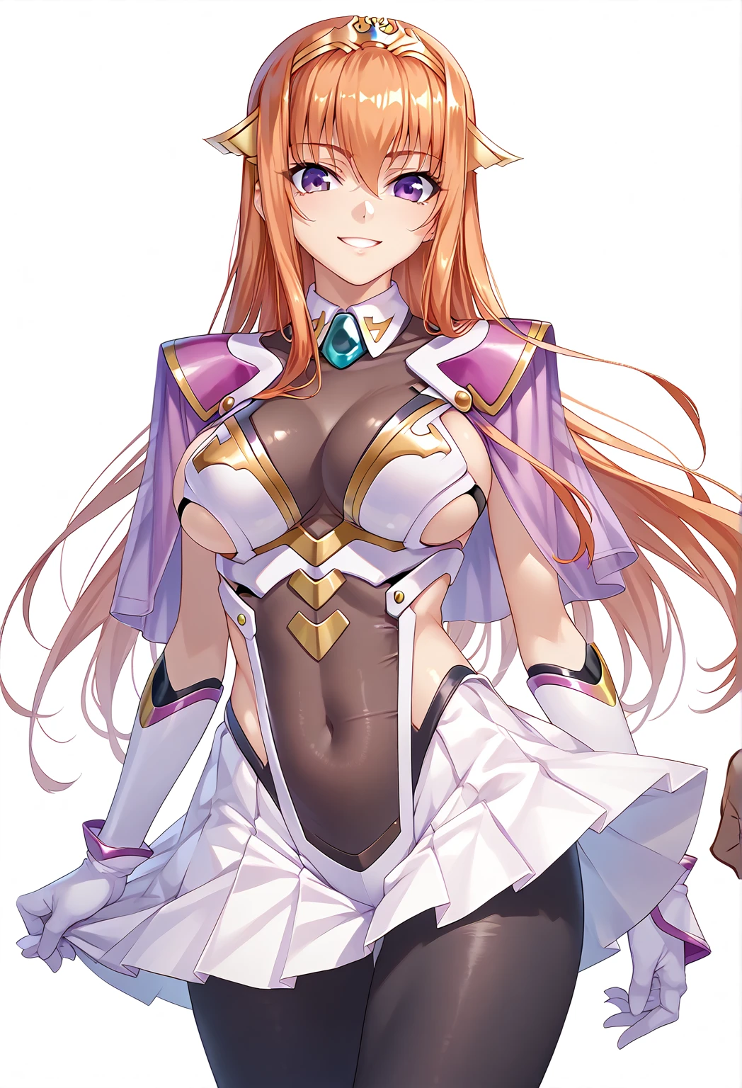 score_9, score_8_up, score_7_up, score_6_up, uncensored, rating_safe, BREAK,Maya Cordelia, cowboy shot,  solo focus, hands,1girl, solo, smile,
orange hair, long hair, sidelocks, purple eyes, tiara,capelet, white bra, detached collar, bodystocking, white gloves, pleated skirt, (black pantyhose:1.1),large breasts, thighs, transparent background,