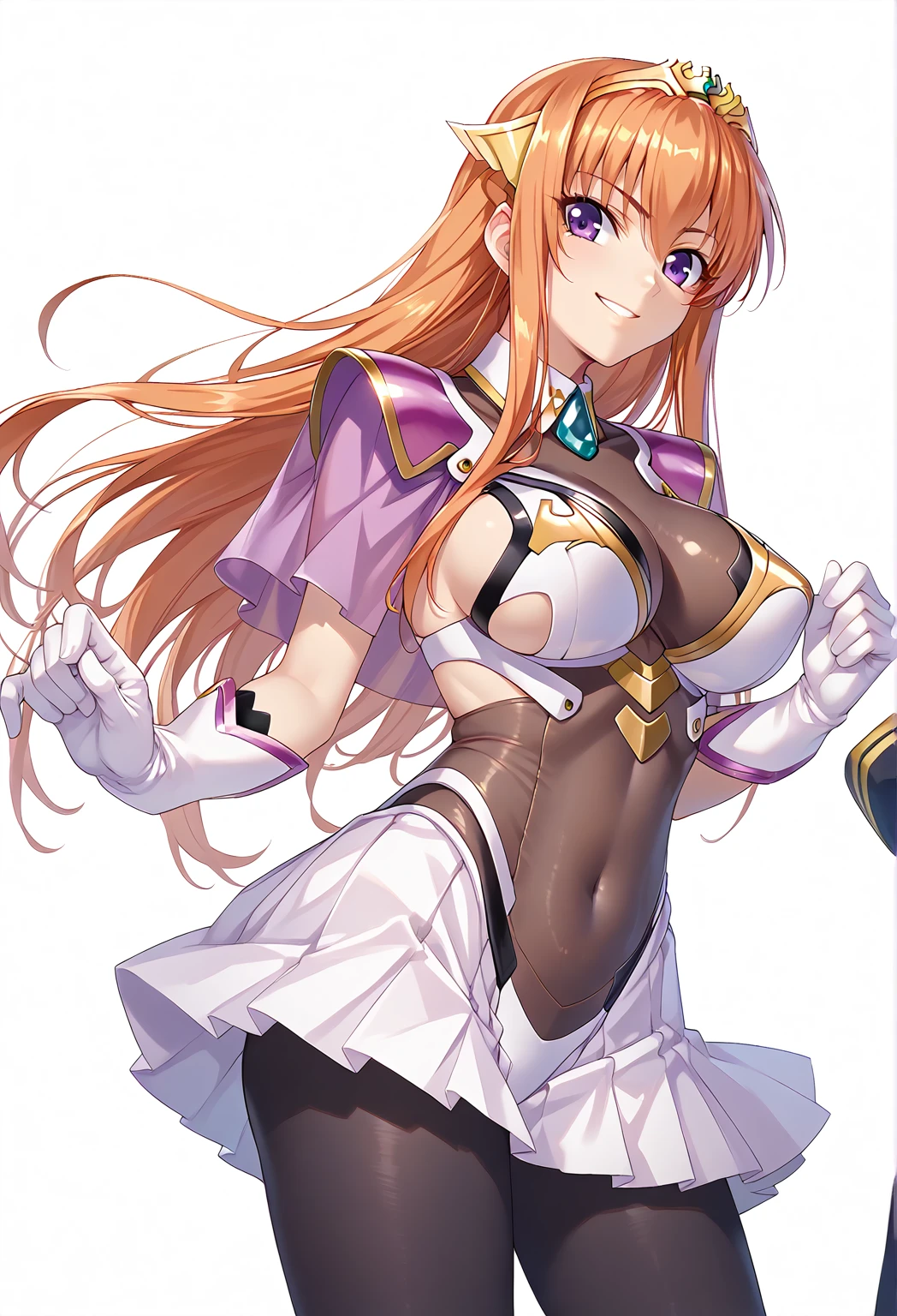 score_9, score_8_up, score_7_up, score_6_up, uncensored, rating_safe, BREAK,Maya Cordelia, cowboy shot,  solo focus, hands,1girl, solo, smile,
orange hair, long hair, sidelocks, purple eyes, tiara,capelet, white bra, detached collar, bodystocking, white gloves, pleated skirt, (black pantyhose:1.1),large breasts, thighs, transparent background,