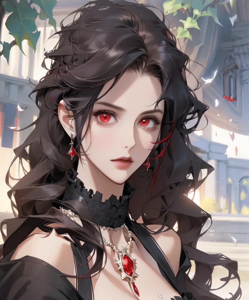 Realistic Portrait, Elegant mature woman (1 female), with red eyes, black hair, long hair, ruby amulet, focus on face, close up shot, cleavage, gothic black dress, only upper body, up to waist, soft light, high detail, 4k resolution, high quality, beautiful CG