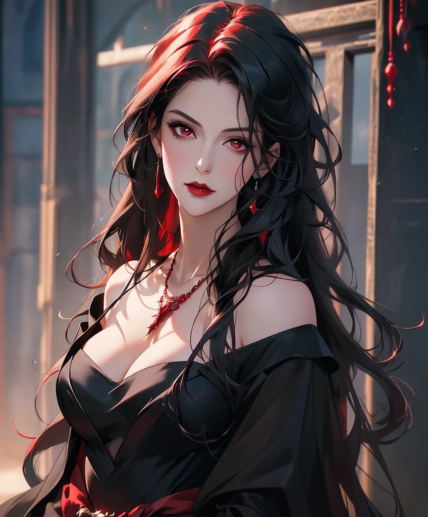 Realistic Portrait, Elegant mature woman (1 female), with red eyes, black hair, long hair, ruby amulet, focus on face, close up shot, cleavage, gothic black dress, only upper body, up to waist, soft light, high detail, 4k resolution, high quality, beautiful CG