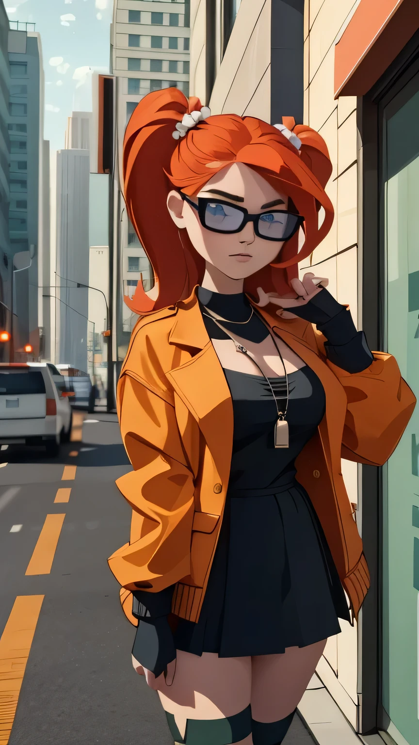  A very detailed and realistic 3D model of a young woman standing confidently in front of an orange wall..  She has red hair styled in pigtails and blue eyes ..  She wears a red jacket over a black dress .,  black gloves,  and white thigh-high socks .  She has a pair of sunglasses resting on her head ..  model must include a subtle movement in its hair and the fabric of your jacket ., as if a gentle breeze passed .  The scene is set on a concrete surface with shadows cast on the floor .,  Providing a realistic urban environment .  The background should be simple and in interiors with neutral colors ..  The model must be photorealistic and very detailed .,  showing the elegant and modern look of the character ..  Make sure that the model captures your confident posture and natural proportions .,  With special attention to the detail of the outfit and accessories ..