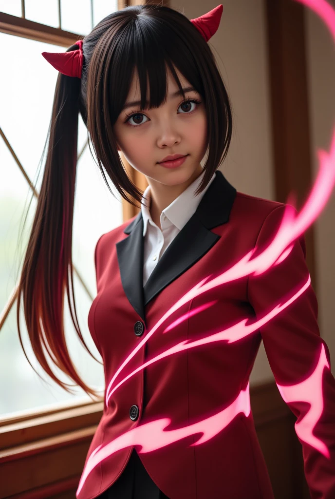  full body angle, 
realistic photography, canon EOS 5D,
 Japanese animation Demon Slayer, Nezuko Kamado, 
Pale Pinkeyes, black andred hair, pink flare is wrapped around my body,
I'd like to change it to a real person, live-action animation, solid real-life environment
