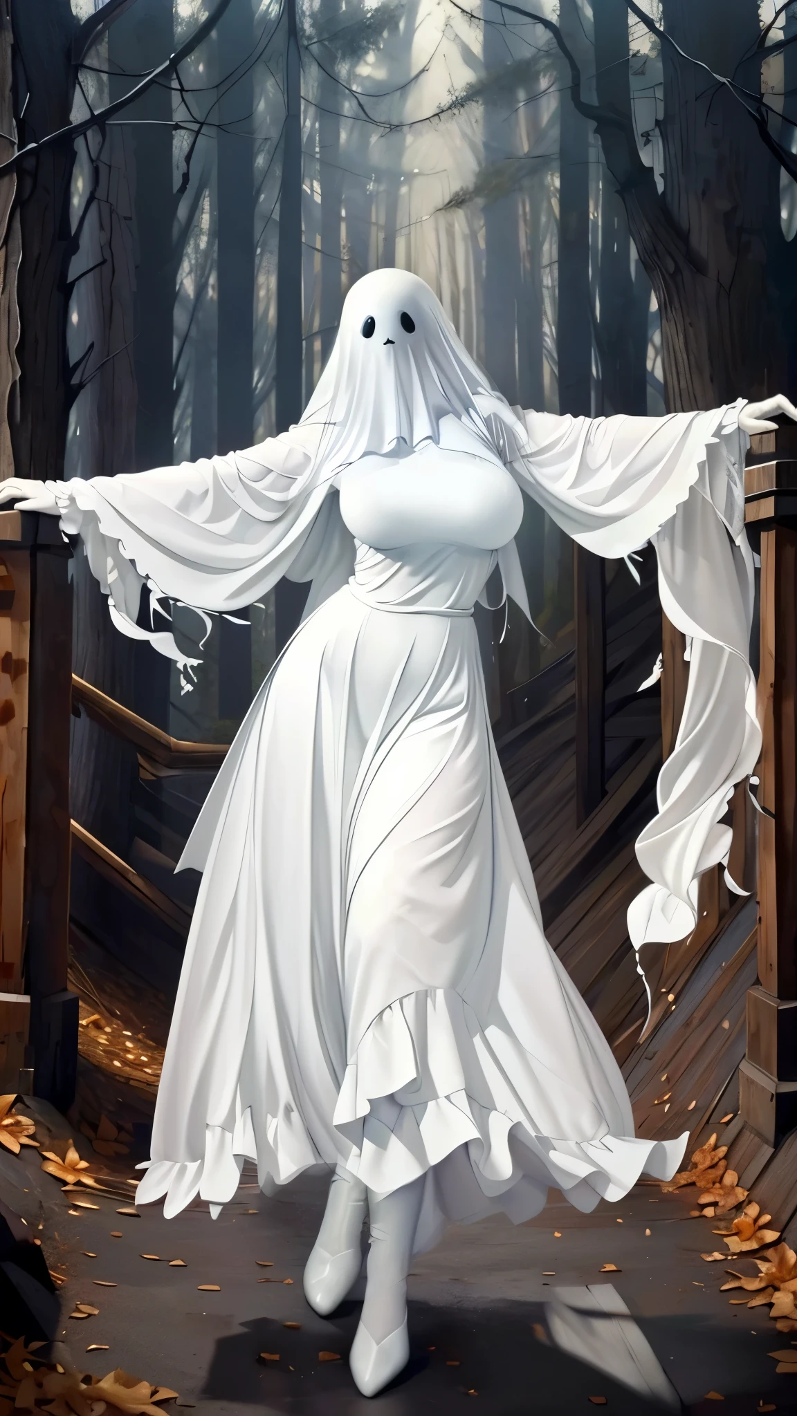 (((figure,御姐figure,White and tender skin,(((ghost costume,ghost,))),,(((No Head ))),((masterpiece)),highres,((Best quality at best)),masterpiece,quality,Best quality,((( exquisite facial features, for the audience ,))),Huge breasts,苗条figure,forest,night,Dynamic poses)))