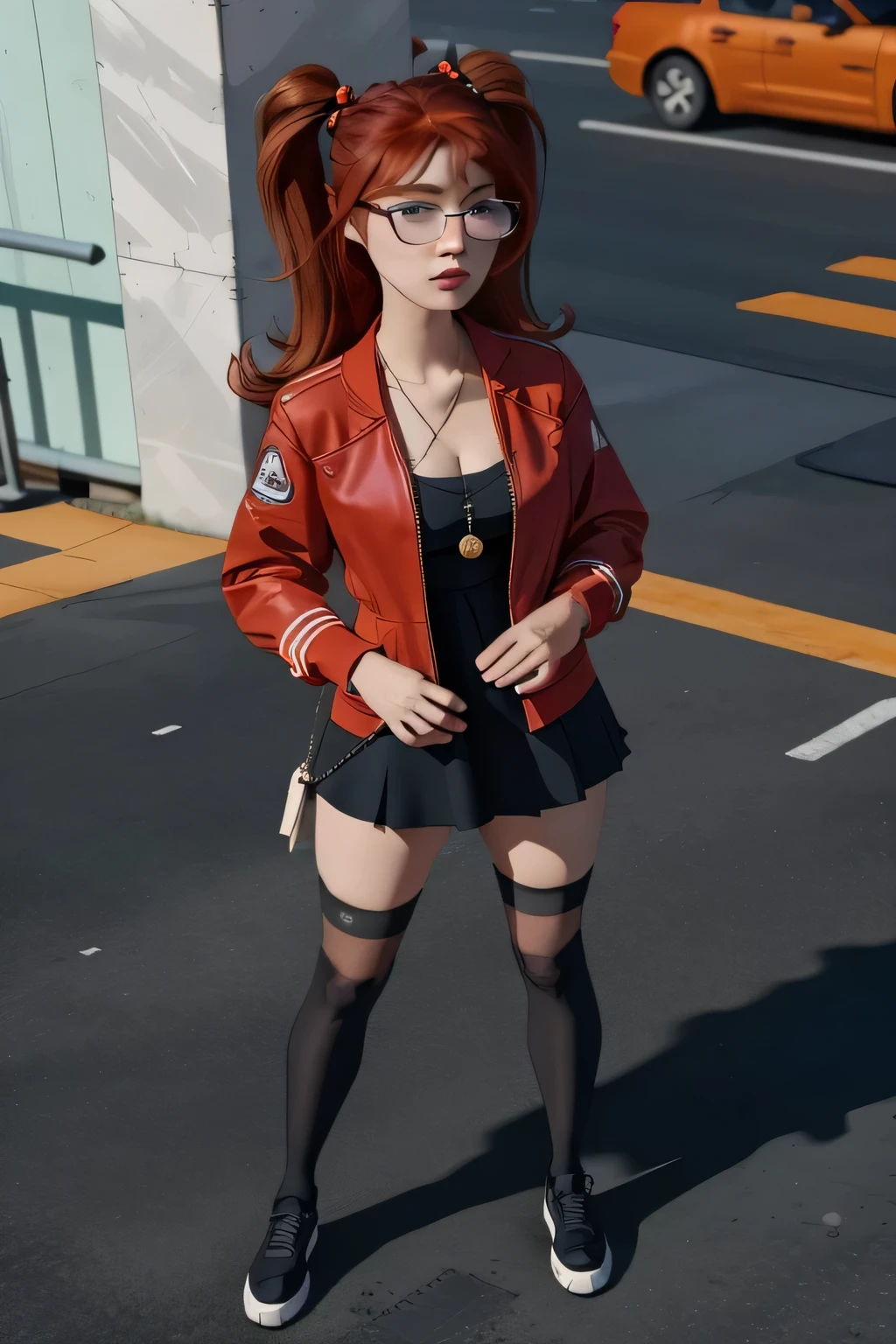  A very detailed and realistic 3D model of a young woman standing confidently in front of an orange wall..  She has red hair styled in pigtails and blue eyes ..  She wears a red jacket over a black dress .,  black gloves,  and white thigh-high socks .  She has a pair of sunglasses resting on her head ..  model must include a subtle movement in its hair and the fabric of your jacket ., as if a gentle breeze passed .  The scene is set on a concrete surface with shadows cast on the floor .,  Providing a realistic urban environment .  The background should be simple and in interiors with neutral colors ..  The model must be photorealistic and very detailed .,  showing the elegant and modern look of the character ..  Make sure that the model captures your confident posture and natural proportions .,  With special attention to the detail of the outfit and accessories ..