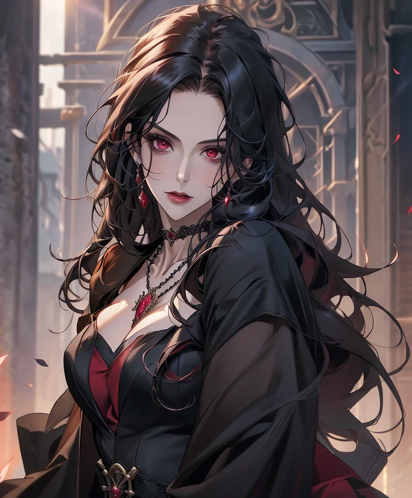 Realistic Portrait, Elegant mature woman (1 female), with red eyes, black hair, long hair, ruby amulet, focus on face, close up shot, cleavage, gothic black dress, only upper body, up to waist, soft light, high detail, 4k resolution, high quality, beautiful CG