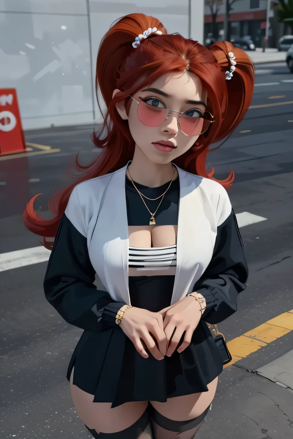  A very detailed and realistic 3D model of a young woman standing confidently in front of an orange wall..  She has red hair styled in pigtails and blue eyes ..  She wears a red jacket over a black dress .,  black gloves,  and white thigh-high socks .  She has a pair of sunglasses resting on her head ..  model must include a subtle movement in its hair and the fabric of your jacket ., as if a gentle breeze passed .  The scene is set on a concrete surface with shadows cast on the floor .,  Providing a realistic urban environment .  The background should be simple and in interiors with neutral colors ..  The model must be photorealistic and very detailed .,  showing the elegant and modern look of the character ..  Make sure that the model captures your confident posture and natural proportions .,  With special attention to the detail of the outfit and accessories ..