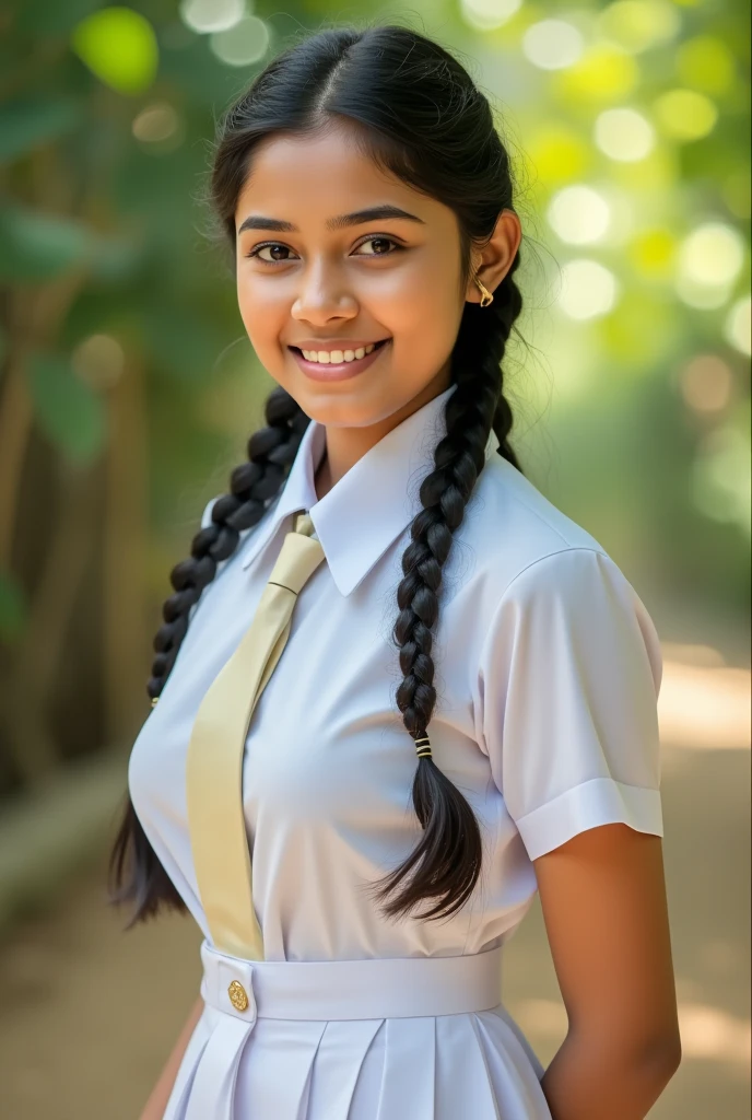 a beautiful cute young teen school girl, sri lanka , medium chest size , detailed white frock uniform, white shoes and socks , full body , wide photo ,cinematic lighting, hyperrealistic, photorealistic, 8k, masterpiece, warm colors, natural lighting , high quality, intricate details