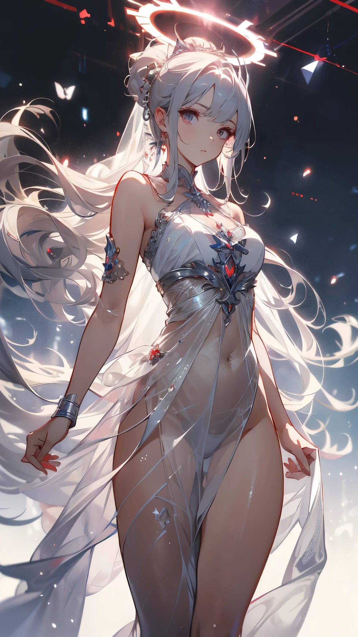 ((masterpiece, is the best quality if public)), exquisite face ,bride,Halo,whole body,Standing photo , Perfect body proportions,Double ponytail hair,red, beautiful silver eyes,Fantasy style, white background,transparent,after_nude