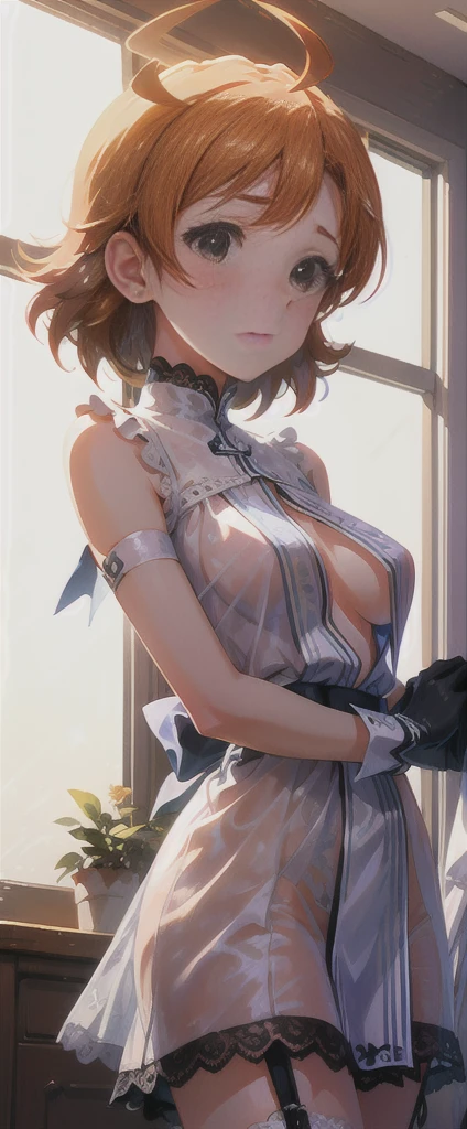 ( BEAUTIFUL GIRLS: 1.3),One Girl,masterpiece, super high resolution  , rich contrast ,high quality,8k,   highly detailed CG unit wallpaper ,Texture,RAW photo,Writing Border Depth 1 .2,Ultra-precise eyes,  growing skin  ,Glitter Effect,Underwear that's too erotic、Large Breasts、 big boobs wider than shoulder blades、Ahoge、Physically-based rendering of Kana Yabuki 、 embarrassed expression、blush、、Obscene underwear with a small cloth area 、 underwear with extremely small cloth area、The face that still leaves an innocent face、The navel is visible、 her boobs stick out of her underwear、Busty、Small fabric area、Transparent nipples、Watery eyes with so much embarrassment、 stylish 、 Garter Belt、Lace Gloves、 big pelvis 、 Thin Waist、 Shy 