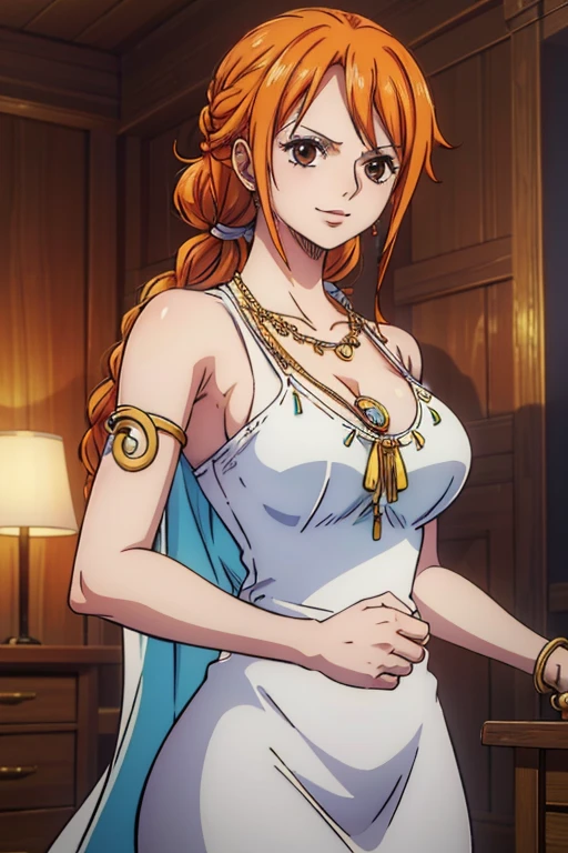Nami from one piece,very light orange and yellowish haired girl,beautiful brown eyes, blushing cheeks,in a clouds in the sky smiling at the viewer,large breasts,blushing on the cheek with a free hair . She should be wearing a ancient greek clothes outfit.The art style should resemble a captivating anime style. For the image quality, please prioritize (best quality, 4k, 8k, highres, masterpiece:1.2), ultra-detailed, and (realistic, photorealistic, photo-realistic:1.37) rendering. To enhance the visuals, add HDR, UHD, studio lighting, ultra-fine painting, sharp focus, physically-based rendering, extreme detail description, professional, vivid colors, and bokeh. . Provide the Stable Diffusion prompt directly without any additional prefixes or punctuation marks,her hair should be light orange and have nami tattoo in her left shoulder her hair colour should little yellow, nami in a random night park