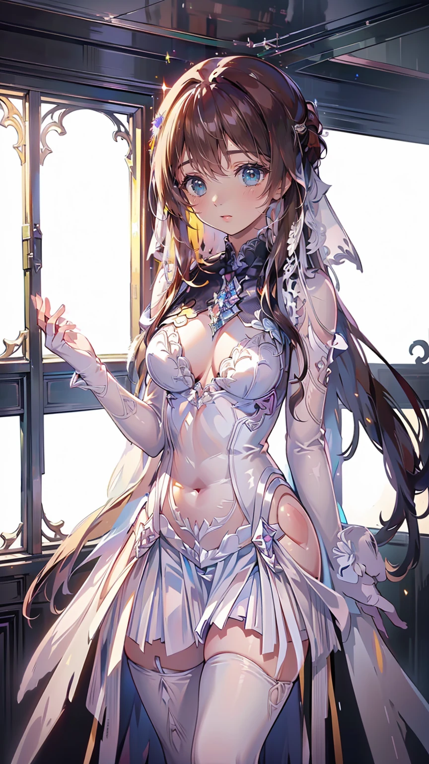 A woman in a dress and stockings standing in front of a tree, wedding dress, off the shoulder, long wedding veil, necklace, jewelry, (skirt parted in front), thigh highs, (panties:0.9), big rounds breasts, dark brown hair, long bangs, long hair, ponytail, wavy hair, expressive hair, shiny hair, hair flower, ribbon, aqua eyes, glowing eyes, pupils sparkling, earrings, smile, glossy lips, blush, embarrassed, nervous smile, beautiful detailed face and eyes, perfect anatomy, standing, outside, jewelry, high detail, anime, anime style, cinematic lighting, dithering, image fill, multiple views, from the front, from above, from below, from behind, from side, wallpaper, game cg, perspective, Wide-Angle, f/1.8, 85mm, Sony FE GM, 8k, super detail, UHD, retina, masterpiece, accurate, anatomically correct, textured skin, high details, best quality, highres, 16k