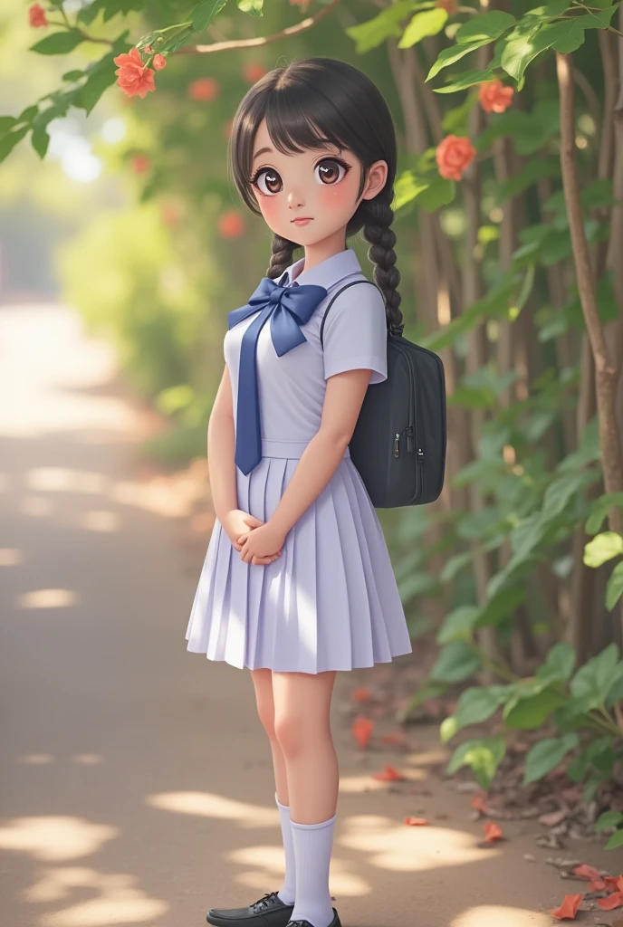 a beautiful young teen girl in school uniform, detailed white frock, white shoes and socks, medium chest size, detailed face and eyes, serene expression, standing , (best quality,4k,8k,highres,masterpiece:1.2),ultra-detailed,(realistic,photorealistic,photo-realistic:1.37),intricate details,highly detailed,vibrant colors,natural lighting,soft focus