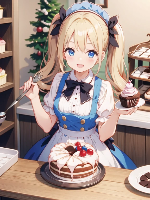 A happy smile,Baking, (Gateau Chocolat 1 .1), delicious sweets,Best Quality, blue-eyed blonde 、、Small breasts、 twin tails、 girl&#39;enjoy,smile,bonnet,