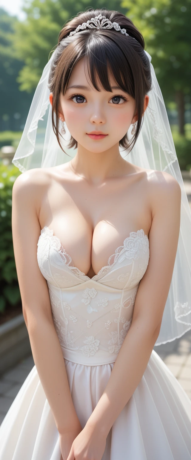 score_9,score_8_up,score_7_up,BREAK, rating_explicit,source_real,masterpiece,one girl,teenager,tiny,small face,round face,narrow chin,detailed face,idol eyes,almond eyes,big eyes,slanted eyes,black eyes,beautiful iris,cleavage,wedding dress,short hair,japanese nose,no make up,looking at viewer,outdoors