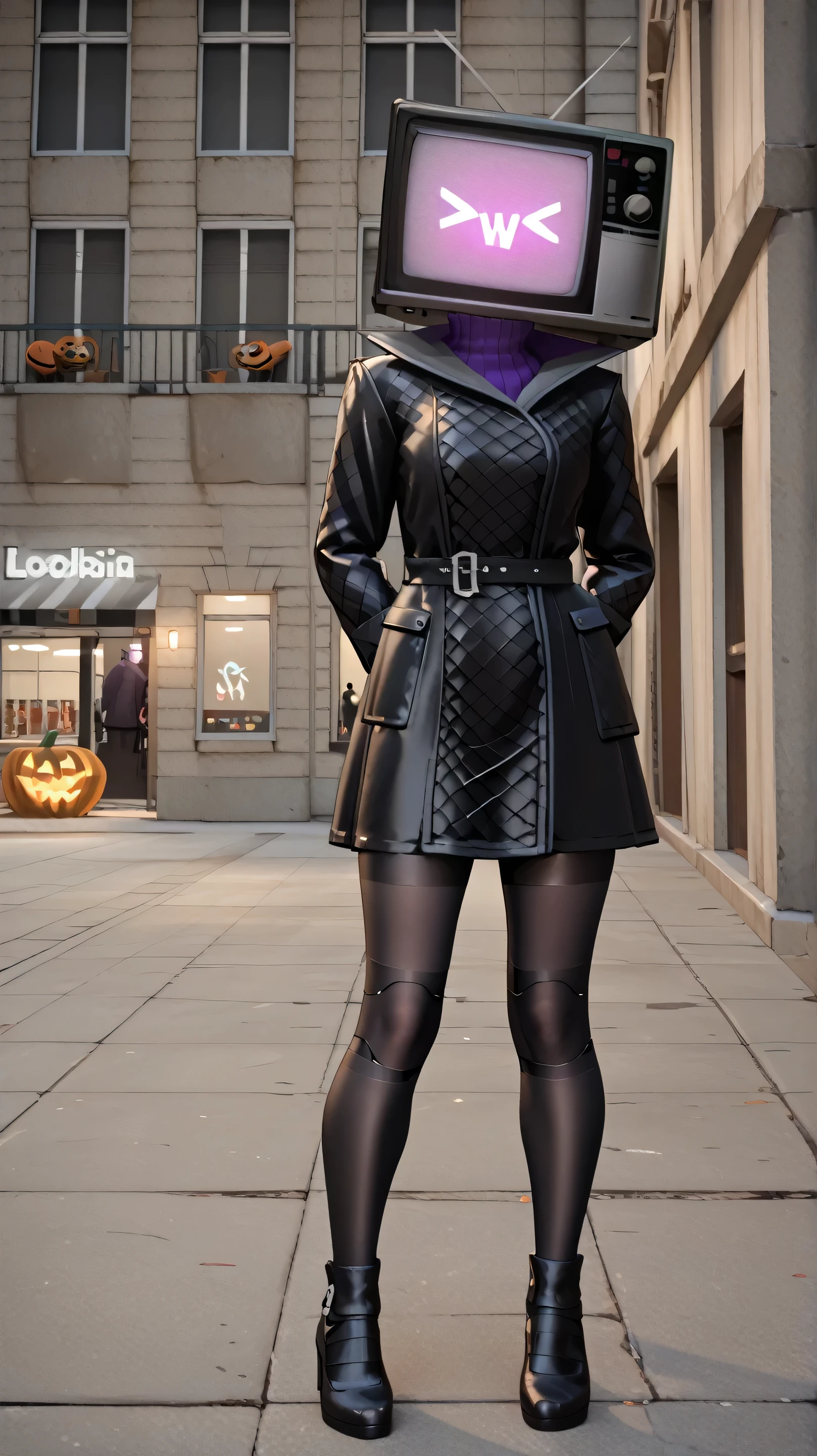 ((masterpiece, best quality)), (8k, best quality), (((best quality))), 1girl, full body, humanoid, TV head, robot girl, television woman, glowing violet television screen as face, screen face, sleek and modern design, stylish and well-proportioned, witch outfit, black coat, purple turtleneck, black gloves, black pantyhose, witch hat, Halloween theme, fantasy costume, detailed witch dress, intricate jewelry, standing in a confident pose, high-quality fabric texture, subtle wind effect on clothing, urban setting, eerie yet elegant atmosphere, dramatic lighting, photorealistic rendering, stylish outfit, high-resolution details, robotic elements seamlessly blended with a human-like body, thick thighs, professional digital art, urban fantasy, Halloween costume, perfect anatomy, score_9, score_8_up, score_7_up, score_6_up, score_5_up, , stylish witch attire, glowing elements, TV head witch, detailed attire, fantasy theme,CHARACTERS: POKEMON [PONY XL | INDIGO XL],cooliehigh,robot girl, tvwoman, tv head, black pantyhose, black gloves, wanda cosplay,